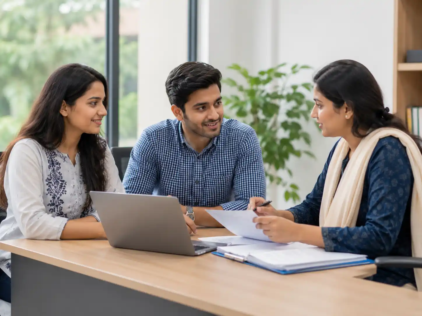 Students receiving guidance during an office consultation