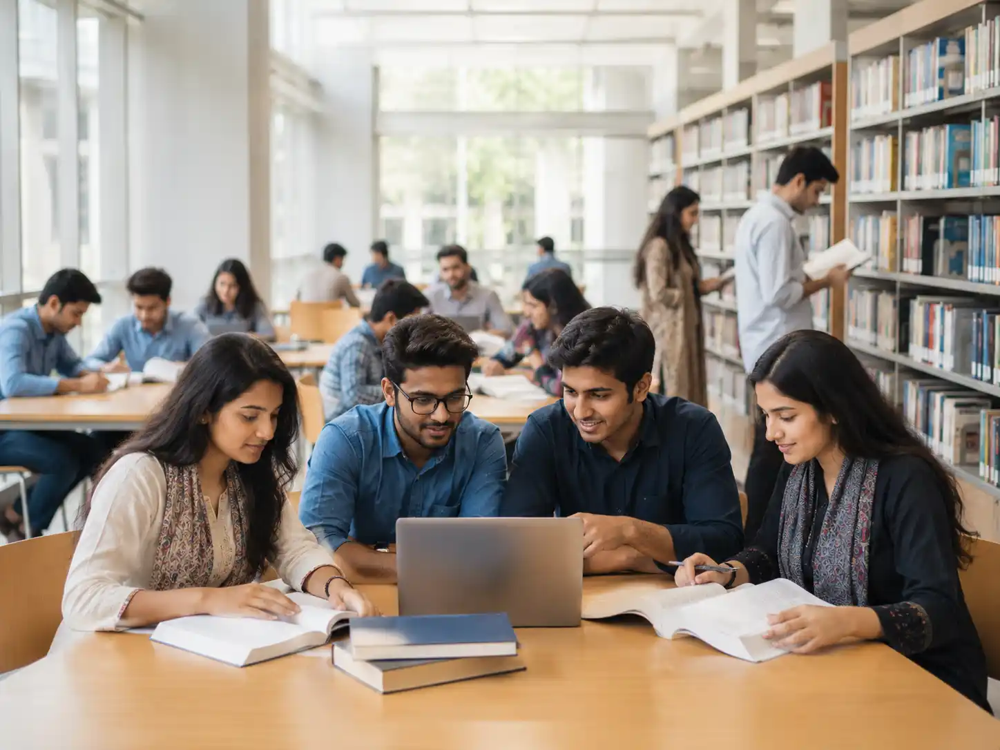 Students studying together in a university library